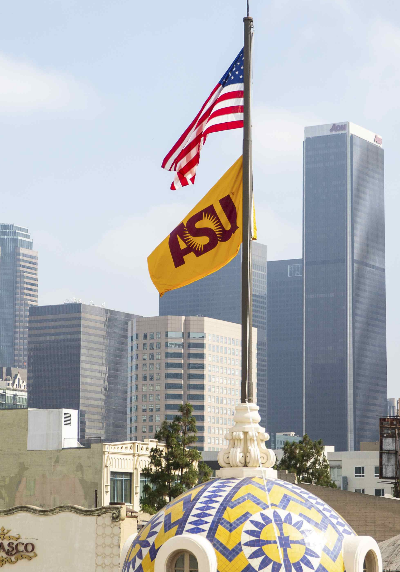 U.S. and ASU flags above ASU in California