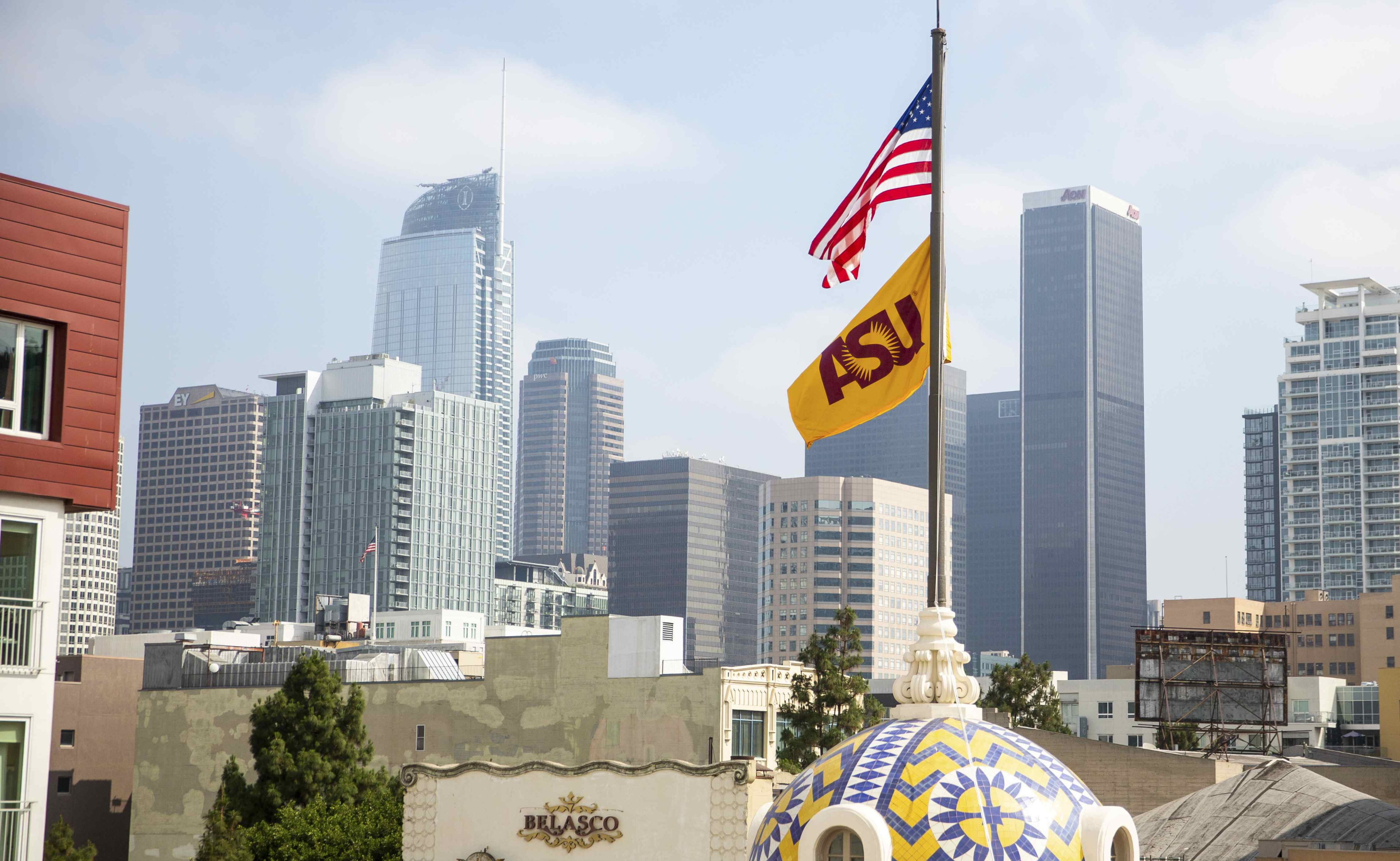 U.S. and ASU flags above ASU in California